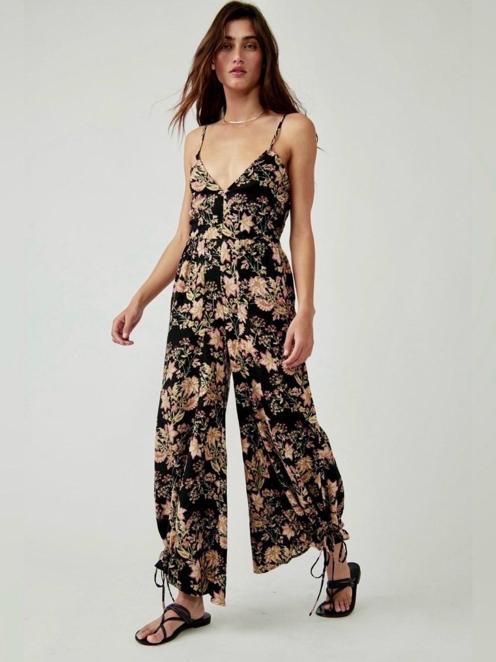 Free People Stand Out Floral Jumpsuit M Black Wide Leg Open Back